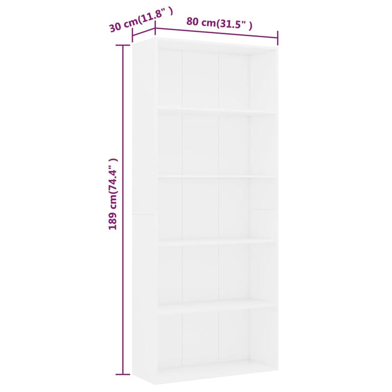Boekenkast met 5 schappen 80x30x189 cm spaanplaat wit MeubelReus