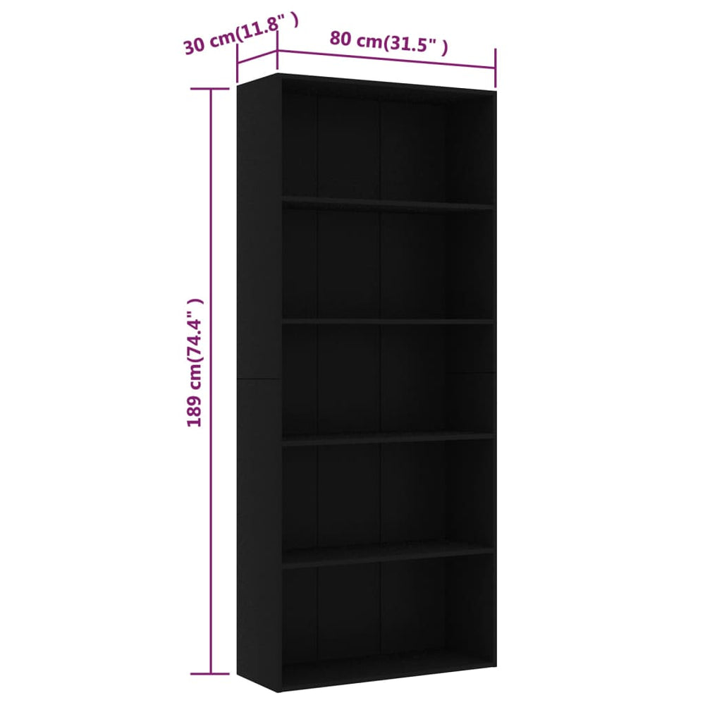 Boekenkast met 5 schappen 80x30x189 cm spaanplaat zwart MeubelReus