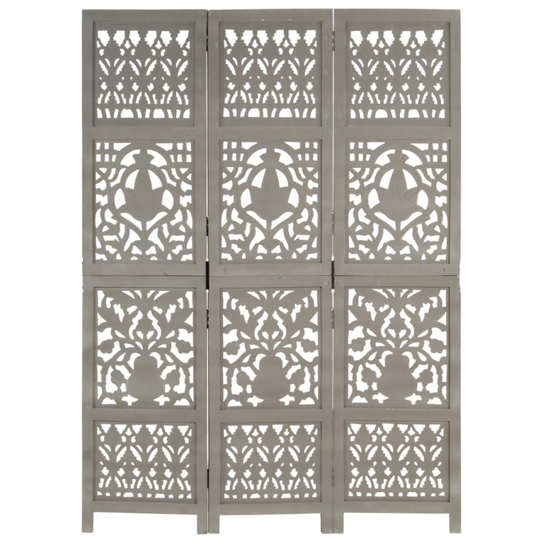 Kamerscherm 3 panelen handgesneden 120x165 cm mangohout grijs