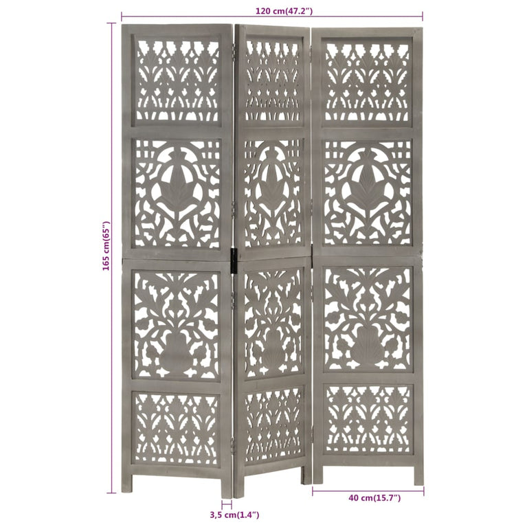 Kamerscherm 3 panelen handgesneden 120x165 cm mangohout grijs