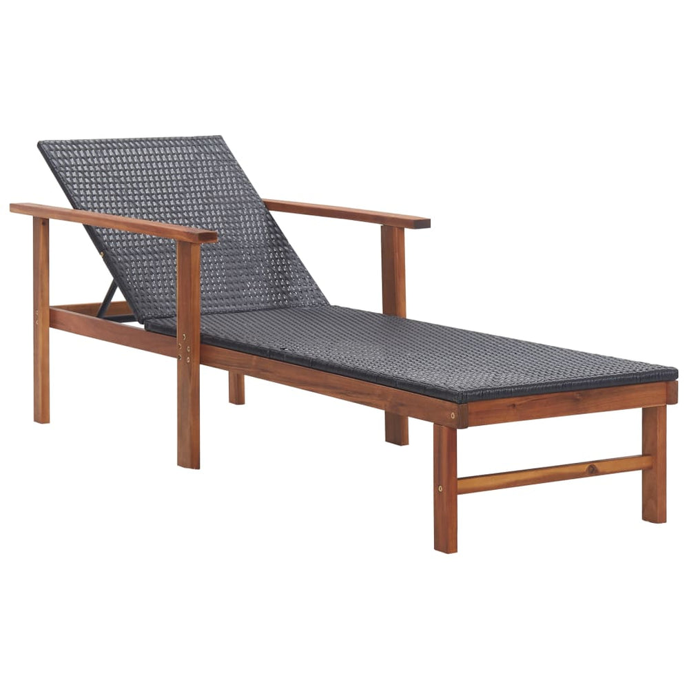 Ligbed met kussen poly rattan en massief acaciahout zwart MeubelReus