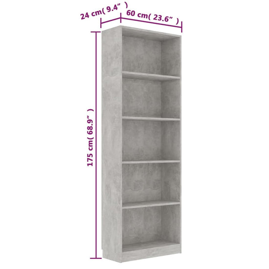 Boekenkast met 5 schappen 60x24x175 cm bewerkt hout betongrijs MeubelReus