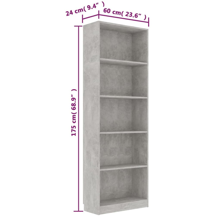 Boekenkast met 5 schappen 60x24x175 cm bewerkt hout betongrijs MeubelReus