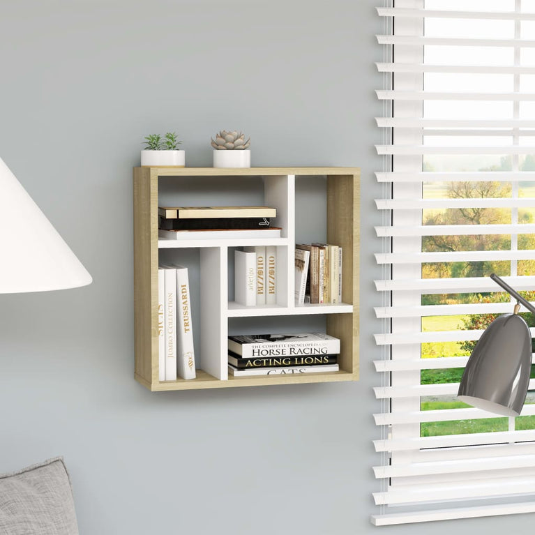 Wandschap 45,1x16x45,1 cm spaanplaat wit en sonoma eikenkleurig