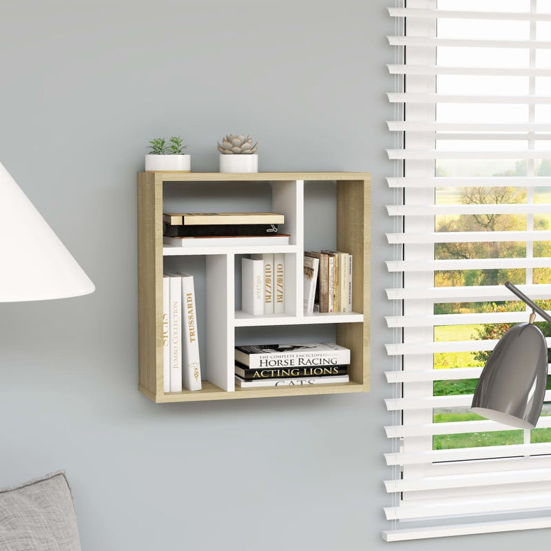 Wandschap 45,1x16x45,1 cm spaanplaat wit en sonoma eikenkleurig