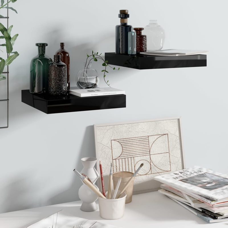 Wandschappen zwevend 2 st 23x23,5x3,8 cm MDF hoogglans zwart MeubelReus