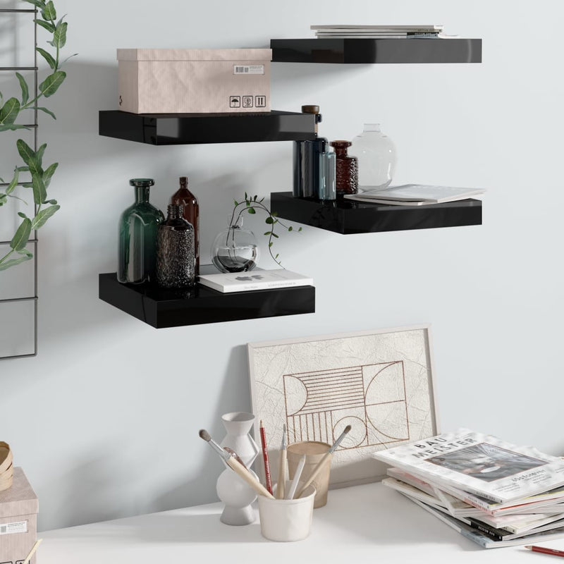 Wandschappen zwevend 4 st 23x23,5x3,8 cm MDF hoogglans zwart MeubelReus