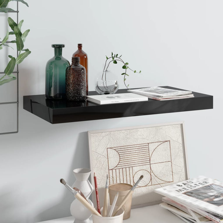 Wandschap zwevend 50x23x3,8 cm MDF hoogglans zwart MeubelReus
