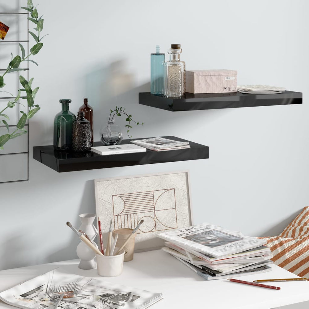 Wandschappen zwevend 2 st 50x23x3,8 cm MDF hoogglans zwart MeubelReus