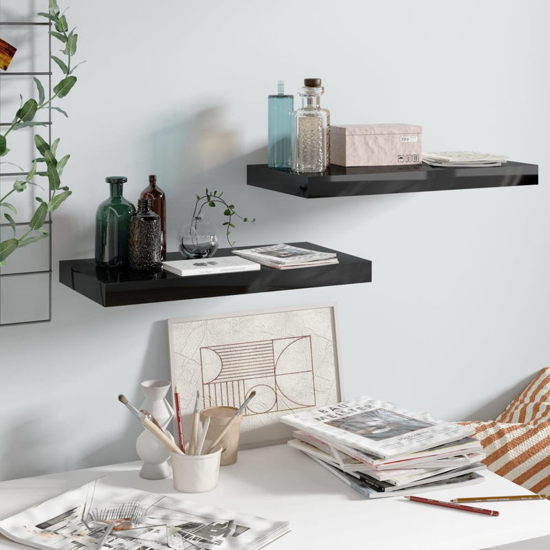 Wandschappen zwevend 2 st 50x23x3,8 cm MDF hoogglans zwart MeubelReus