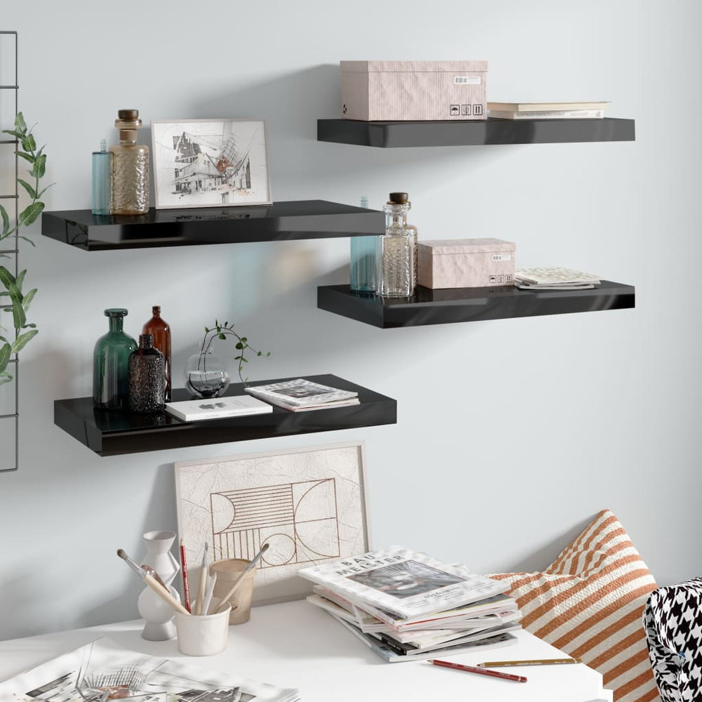 Wandschappen zwevend 4 st 50x23x3,8 cm MDF hoogglans zwart MeubelReus