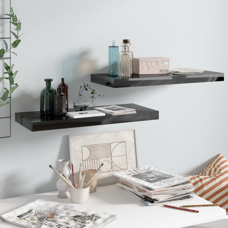Wandschappen zwevend 2 st 60x23,5x3,8 cm MDF hoogglans zwart MeubelReus
