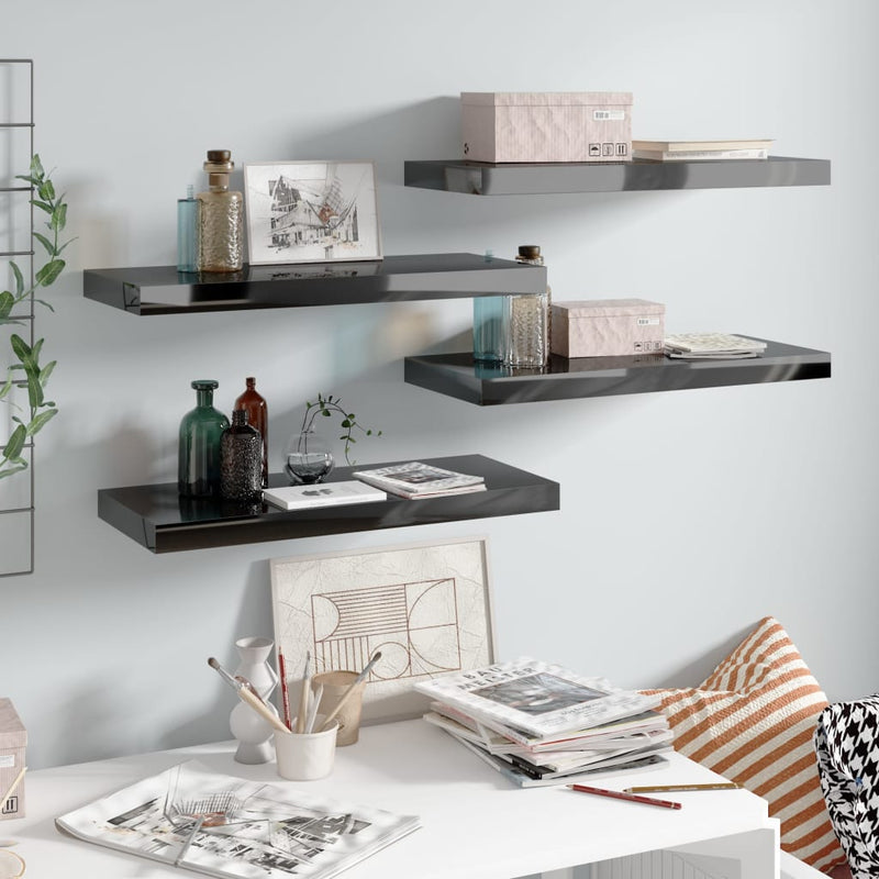 Wandschappen zwevend 4 st 60x23,5x3,8 cm MDF hoogglans zwart MeubelReus