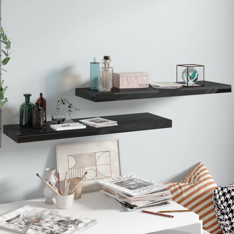 Wandschappen zwevend 2 st 80x23,5x3,8 cm MDF hoogglans zwart MeubelReus