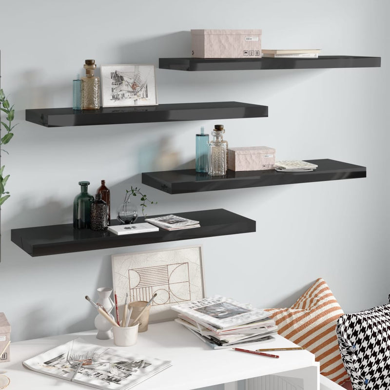 Wandschappen zwevend 4 st 80x23,5x3,8 cm MDF hoogglans zwart MeubelReus
