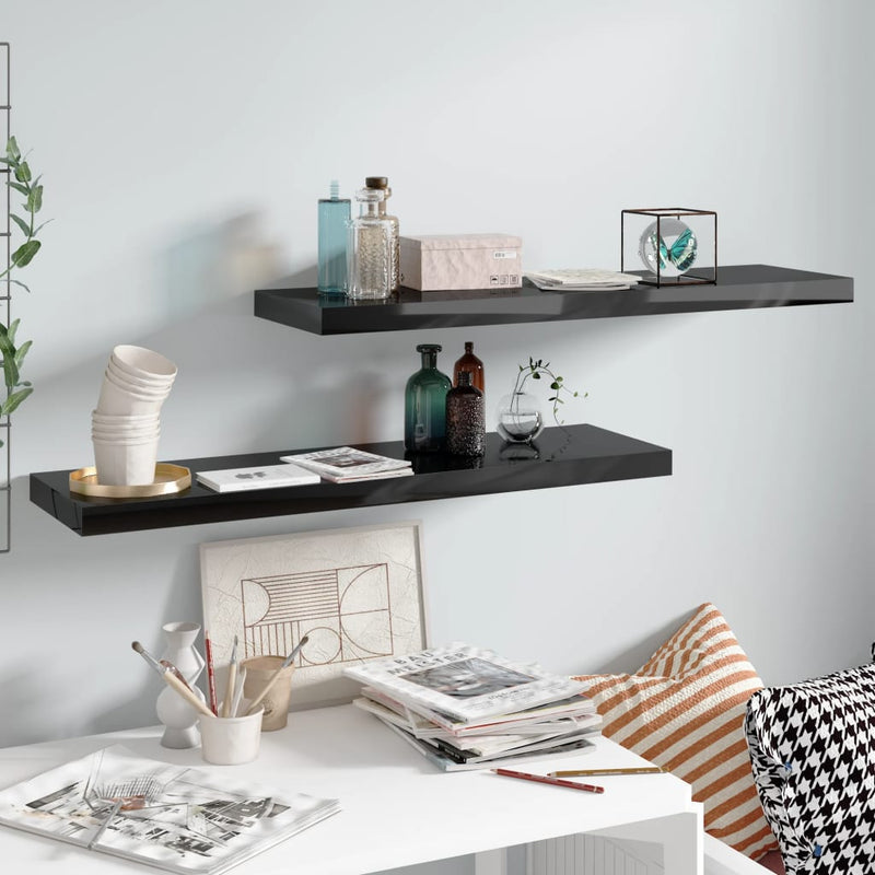 Wandschappen zwevend 2 st 90x23,5x3,8 cm MDF hoogglans zwart MeubelReus