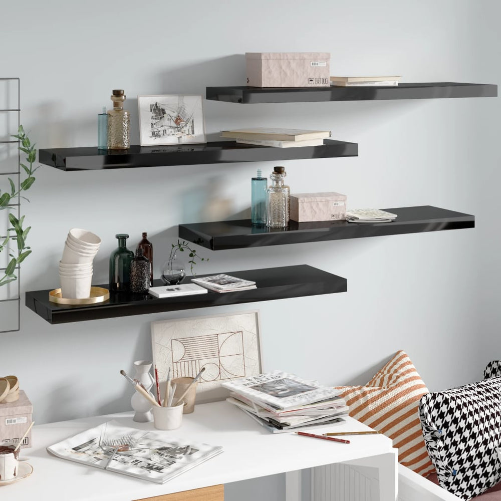 Wandschappen zwevend 4 st 90x23,5x3,8 cm MDF hoogglans zwart MeubelReus