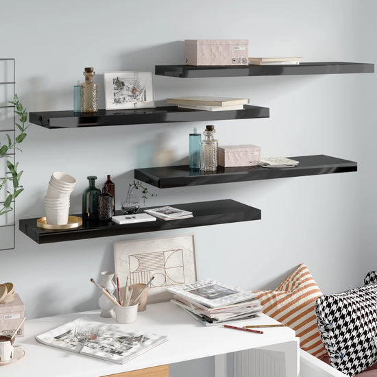 Wandschappen zwevend 4 st 90x23,5x3,8 cm MDF hoogglans zwart MeubelReus