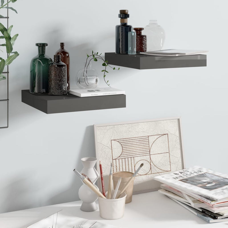 Wandschappen zwevend 2 st 23x23,5x3,8 cm MDF hoogglans grijs MeubelReus