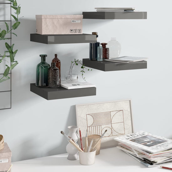Wandschappen zwevend 4 st 23x23,5x3,8 cm MDF hoogglans grijs MeubelReus