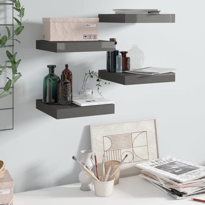 Wandschappen zwevend 4 st 23x23,5x3,8 cm MDF hoogglans grijs MeubelReus