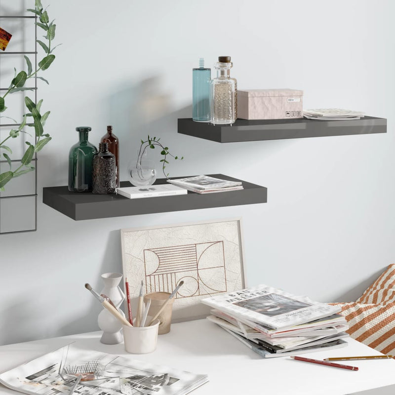 Wandschappen zwevend 2 st 50x23x3,8 cm MDF hoogglans grijs MeubelReus