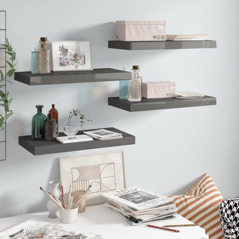 Wandschappen zwevend 4 st 50x23x3,8 cm MDF hoogglans grijs MeubelReus