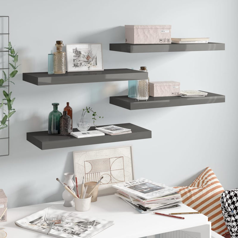 Wandschappen zwevend 4 st 60x23,5x3,8 cm MDF hoogglans grijs MeubelReus