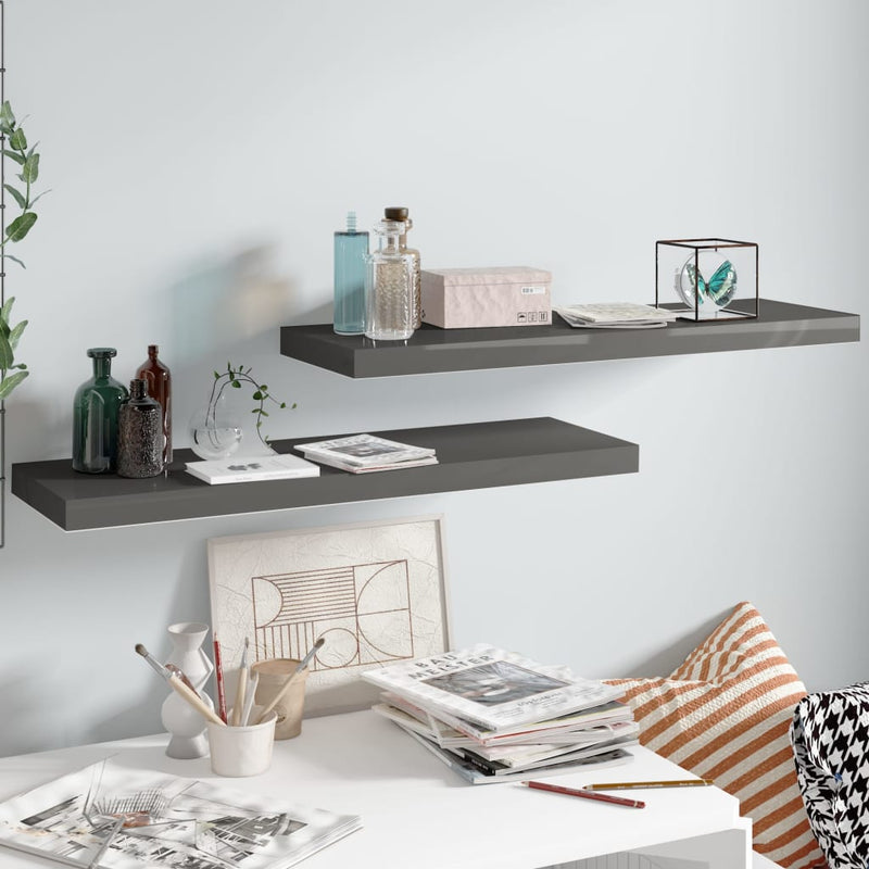 Wandschappen zwevend 2 st 80x23,5x3,8 cm MDF hoogglans grijs MeubelReus