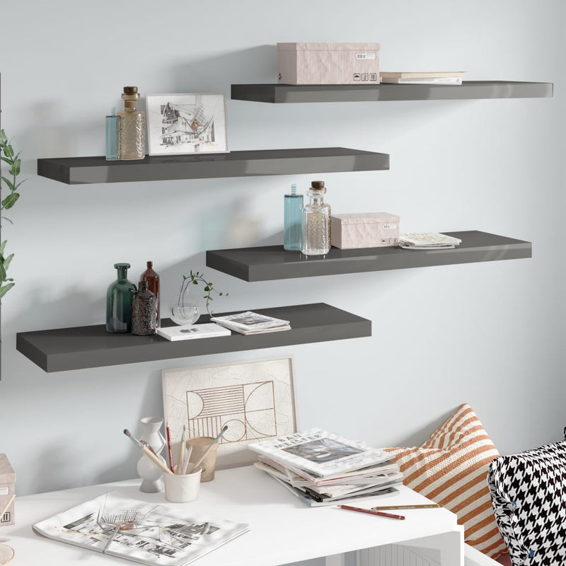 Wandschappen zwevend 4 st 80x23,5x3,8 cm MDF hoogglans grijs MeubelReus