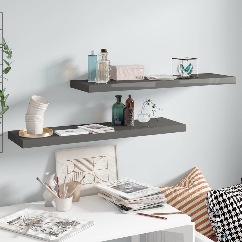 Wandschappen zwevend 2 st 90x23,5x3,8 cm MDF hoogglans grijs MeubelReus