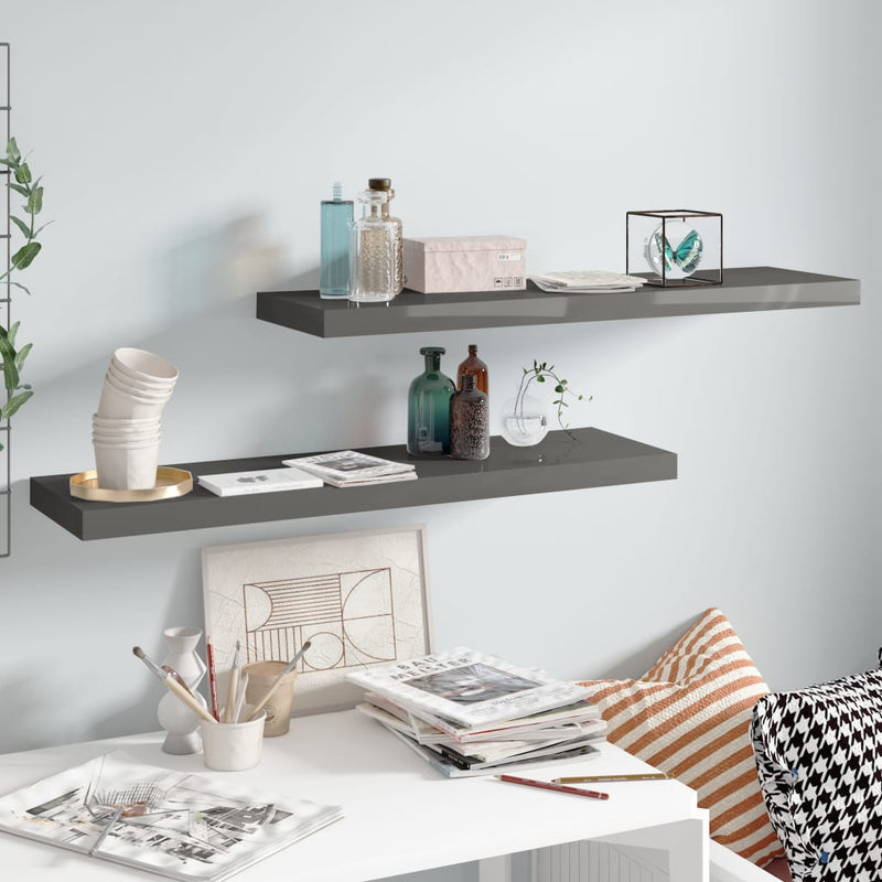 Wandschappen zwevend 2 st 90x23,5x3,8 cm MDF hoogglans grijs MeubelReus