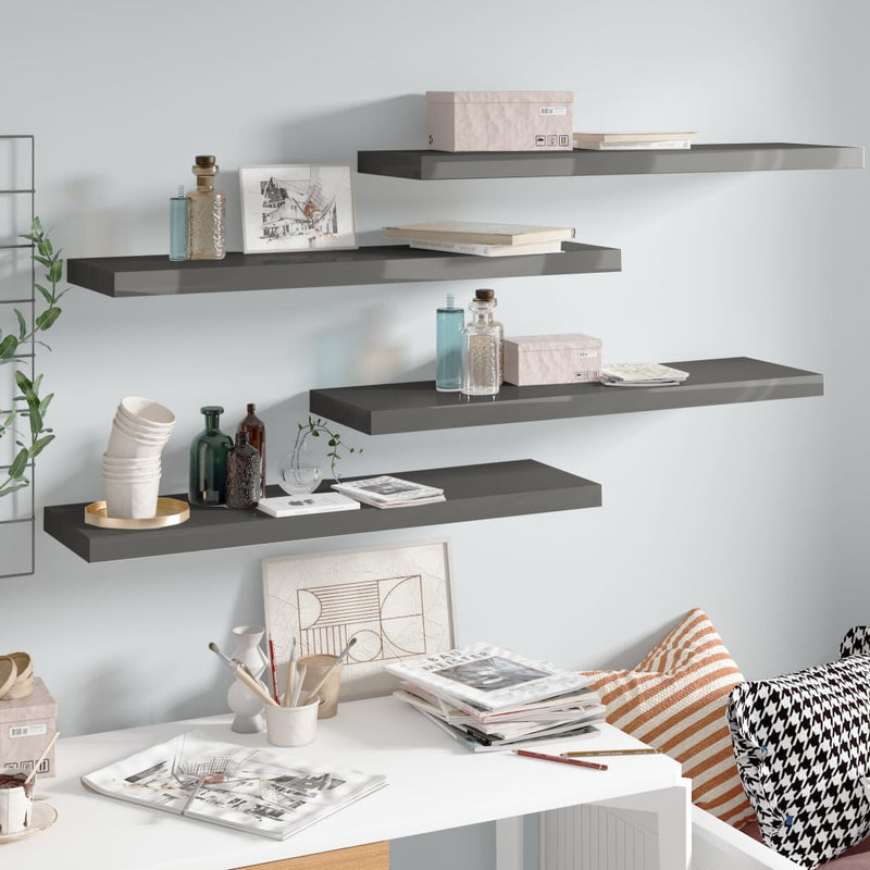 Wandschappen zwevend 4 st 90x23,5x3,8 cm MDF hoogglans grijs MeubelReus