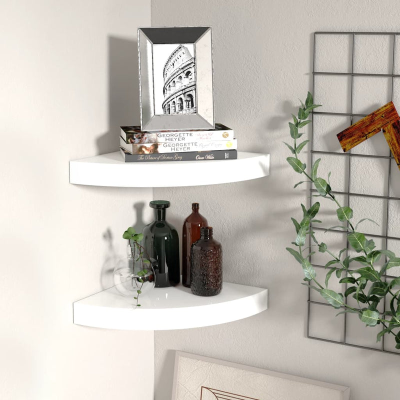 Hoekschappen zwevend 2 st 25x25x3,8 cm MDF hoogglans wit MeubelReus