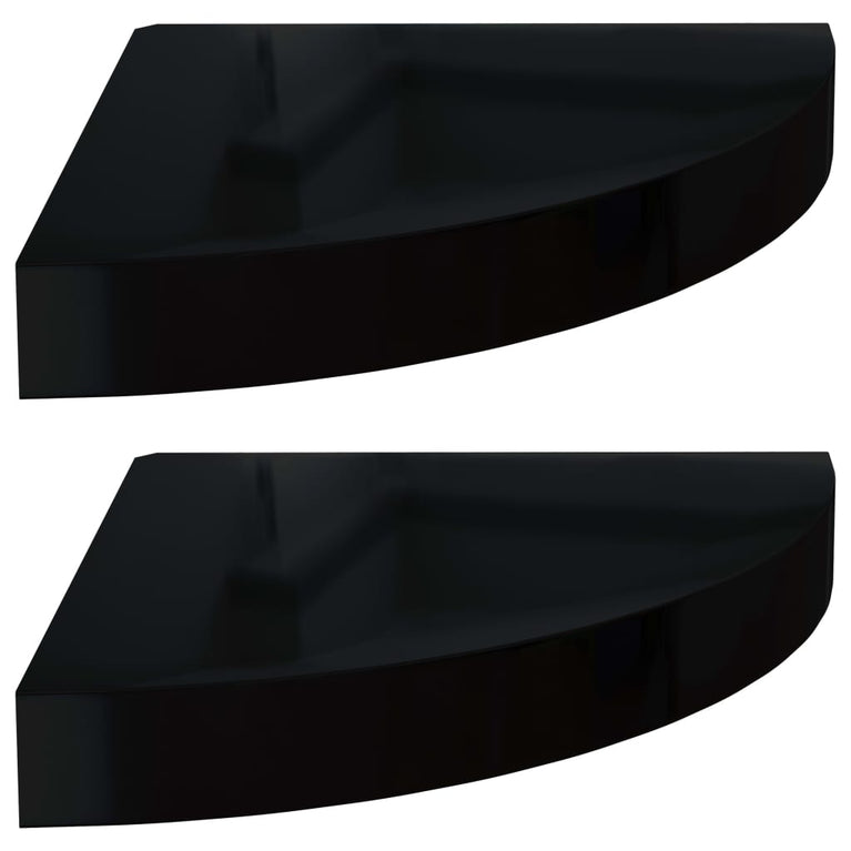Hoekschappen zwevend 2 st 25x25x3,8 cm MDF hoogglans zwart MeubelReus