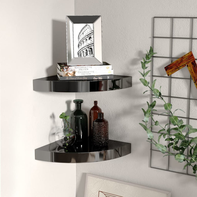 Hoekschappen zwevend 2 st 25x25x3,8 cm MDF hoogglans zwart MeubelReus