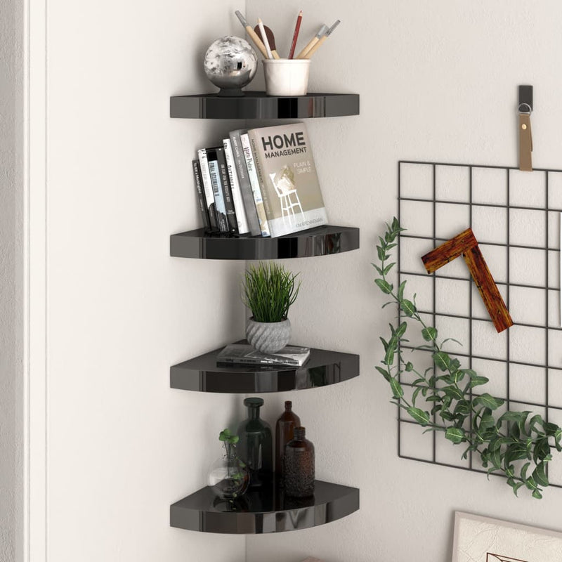 Hoekschappen zwevend 4 st 25x25x3,8 cm MDF hoogglans zwart MeubelReus