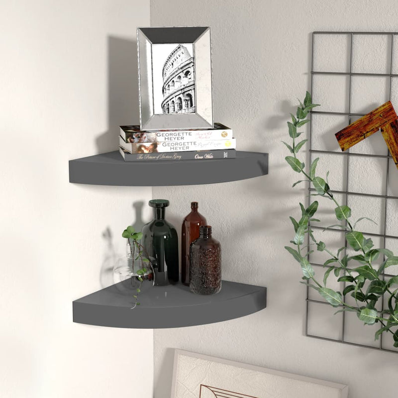 Hoekschappen zwevend 2 st 25x25x3,8 cm MDF hoogglans grijs MeubelReus