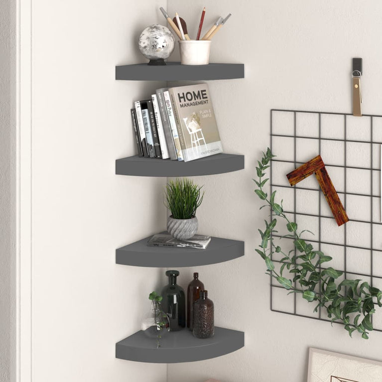 Hoekschappen zwevend 4 st 25x25x3,8 cm MDF hoogglans grijs MeubelReus