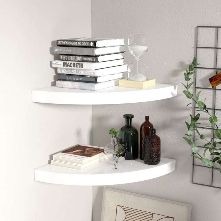 Hoekschappen zwevend 2 st 35x35x3,8 cm MDF hoogglans wit MeubelReus