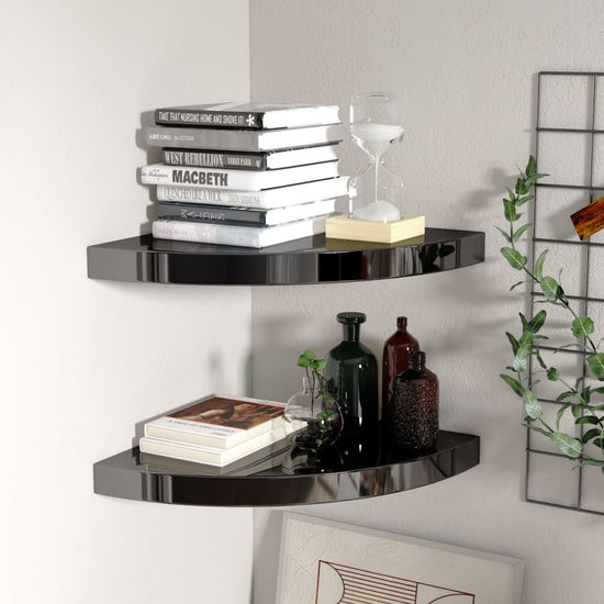 Hoekschappen zwevend 2 st 35x35x3,8 cm MDF hoogglans zwart MeubelReus