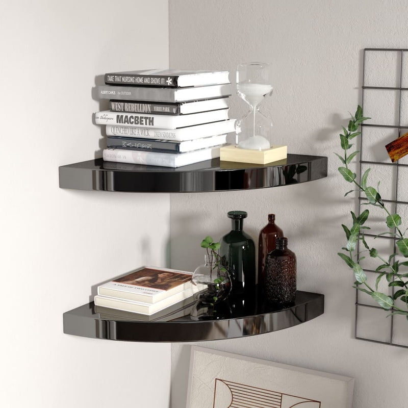 Hoekschappen zwevend 2 st 35x35x3,8 cm MDF hoogglans zwart MeubelReus