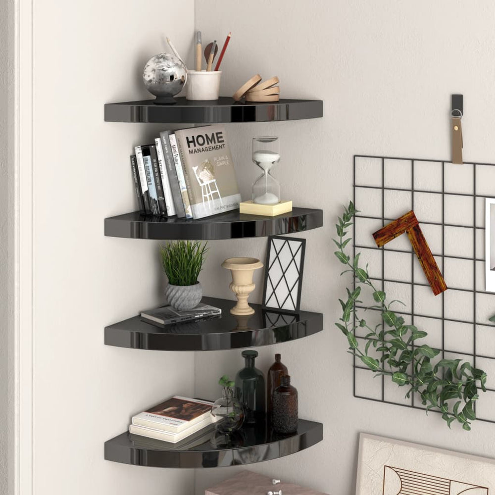 Hoekschappen zwevend 4 st 35x35x3,8 cm MDF hoogglans zwart MeubelReus