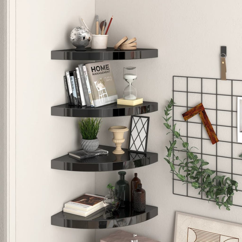Hoekschappen zwevend 4 st 35x35x3,8 cm MDF hoogglans zwart MeubelReus