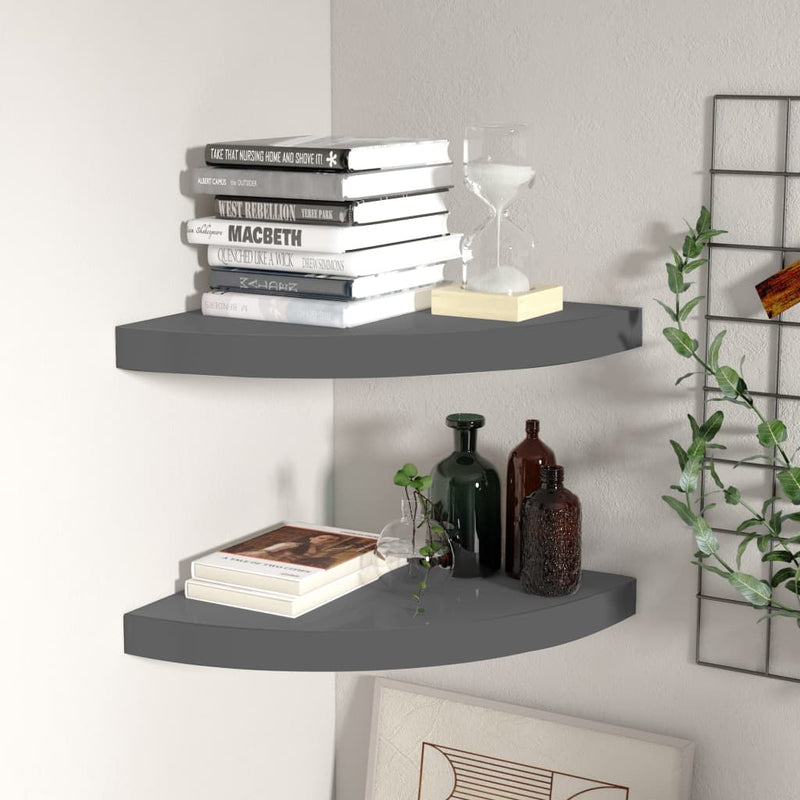 Hoekschappen zwevend 2 st 35x35x3,8 cm MDF hoogglans grijs MeubelReus
