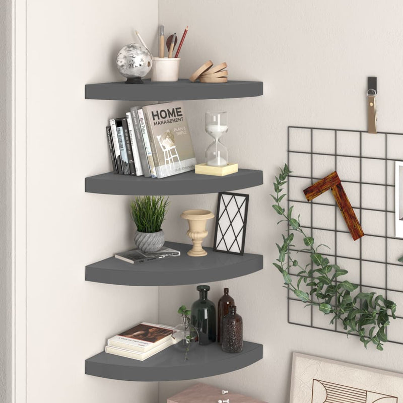 Hoekschappen zwevend 4 st 35x35x3,8 cm MDF hoogglans grijs MeubelReus
