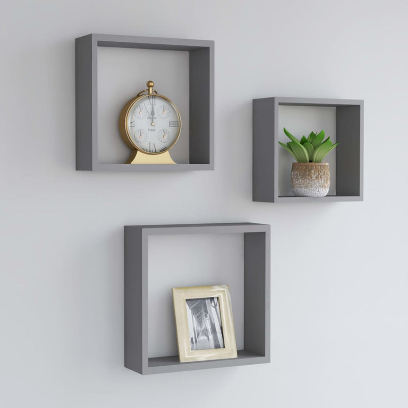 Wandschappen kubus 3 st MDF grijs MeubelReus