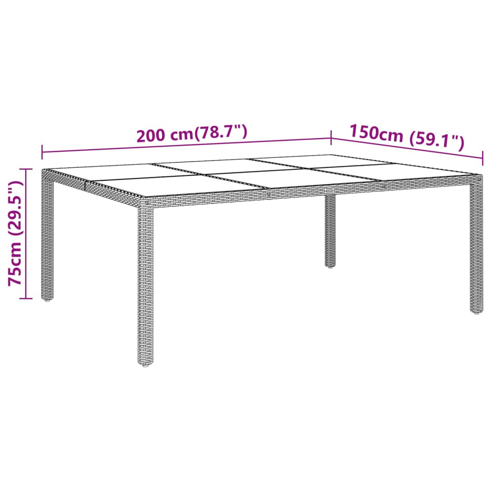 Tuintafel 200x150x75 cm gehard glas en poly rattan grijs MeubelReus