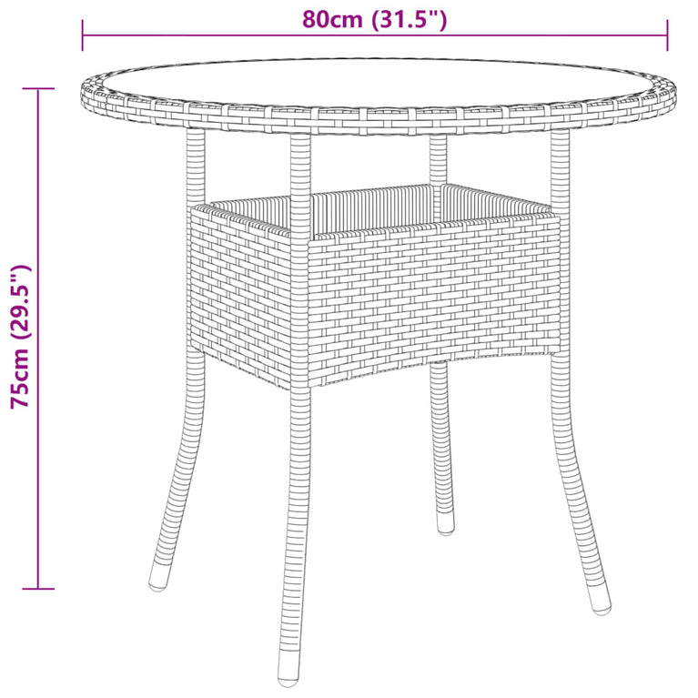 Tuintafel Ø80x75 cm gehard glas en poly rattan zwart MeubelReus