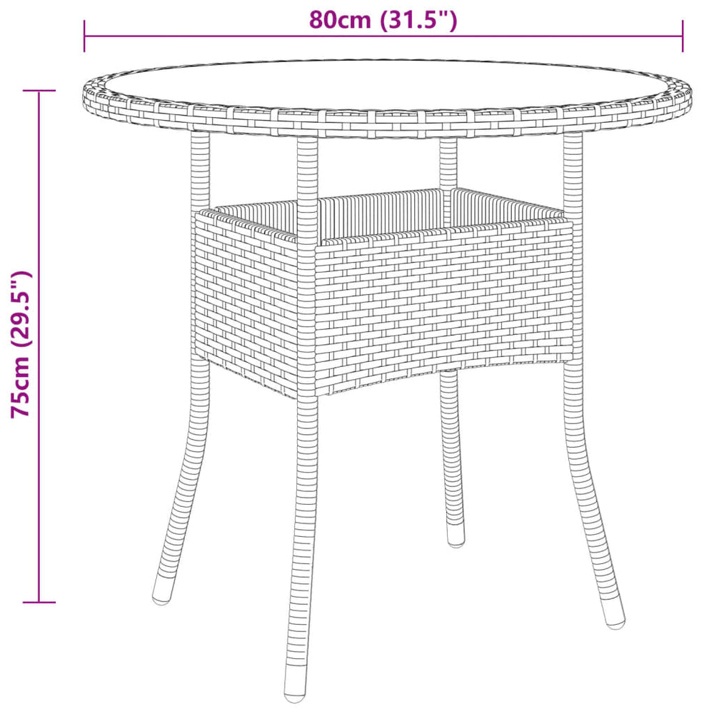 Tuintafel Ø80x75 cm gehard glas en poly rattan bruin MeubelReus